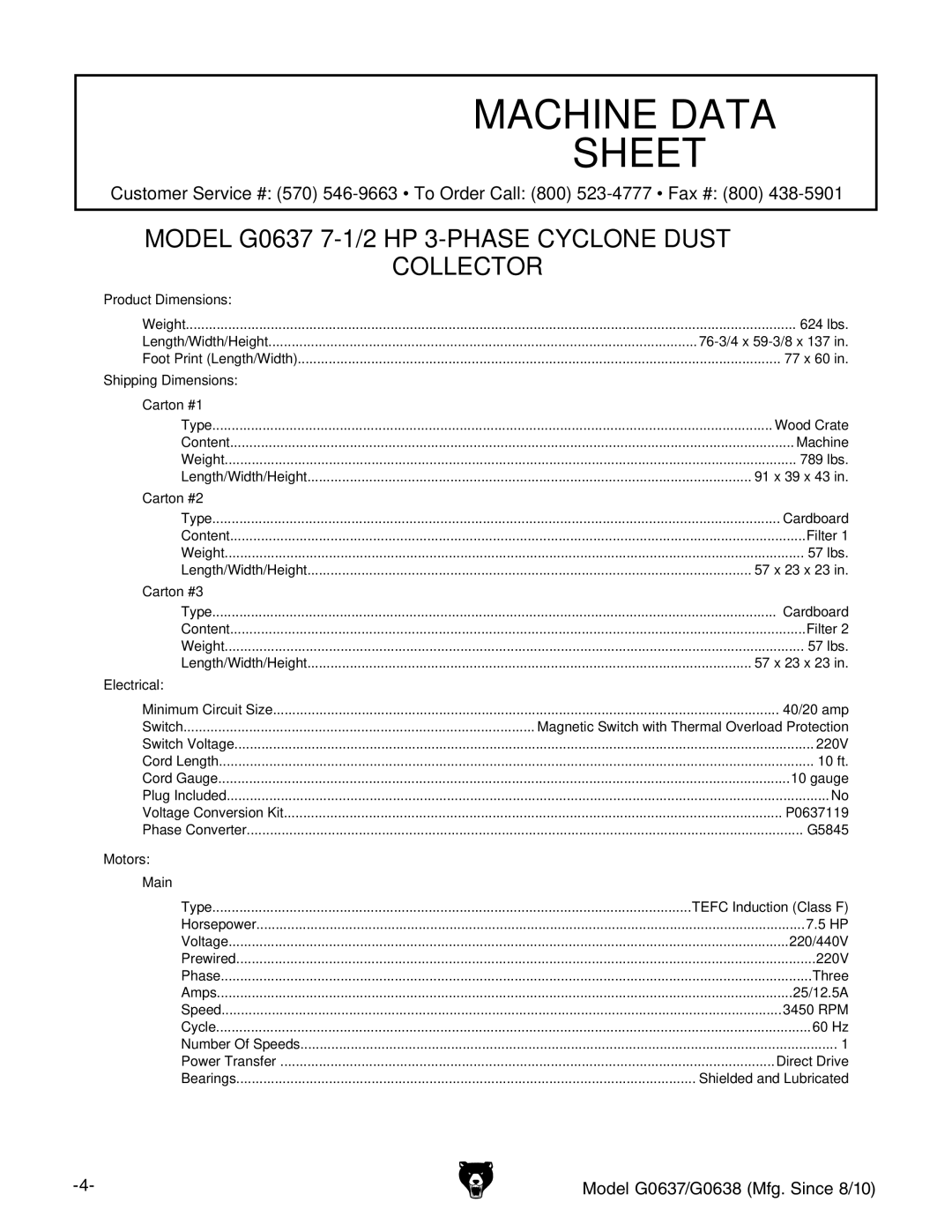 Grizzly G0637 owner manual Machine Data Sheet 