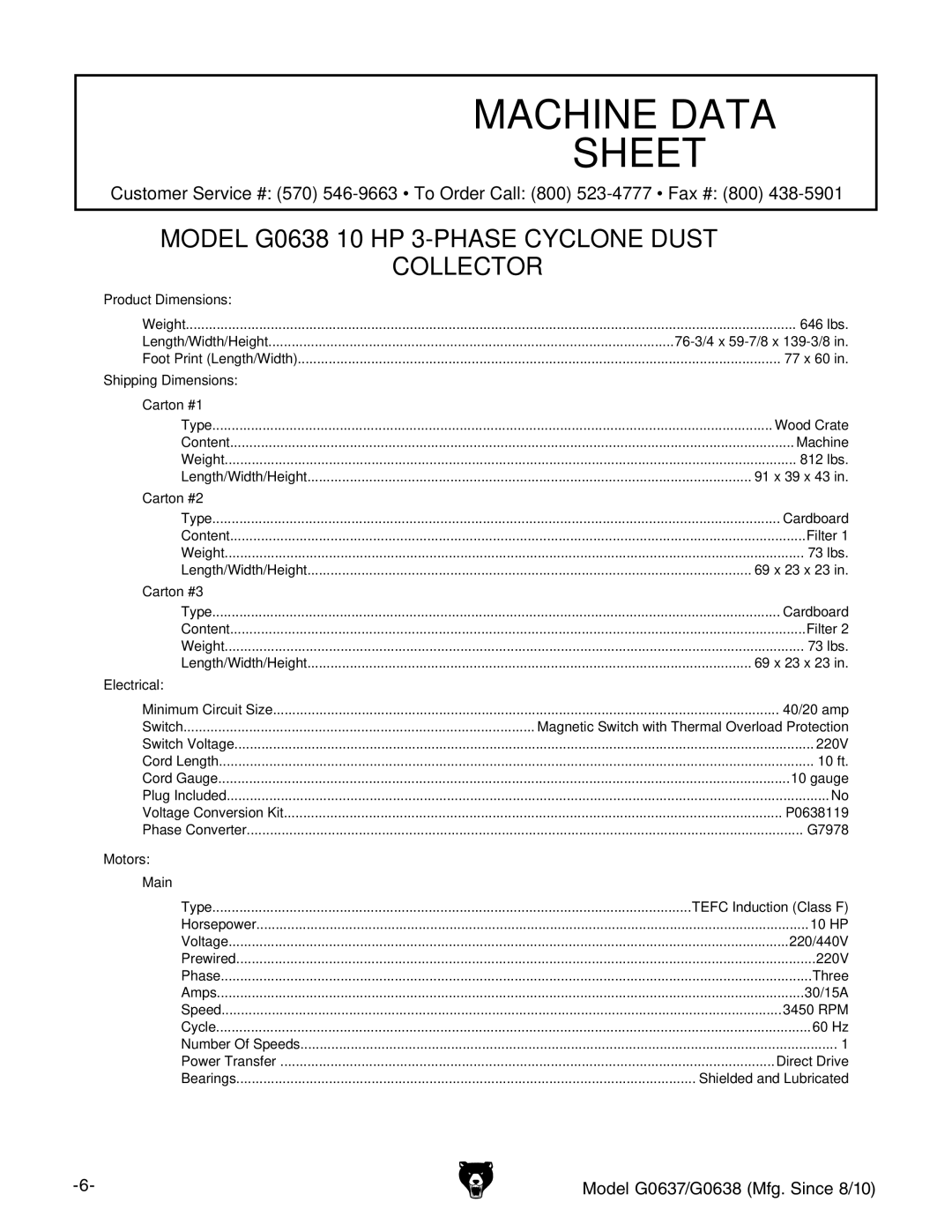 Grizzly G0637 owner manual Model G0638 10 HP 3-PHASE Cyclone Dust Collector 