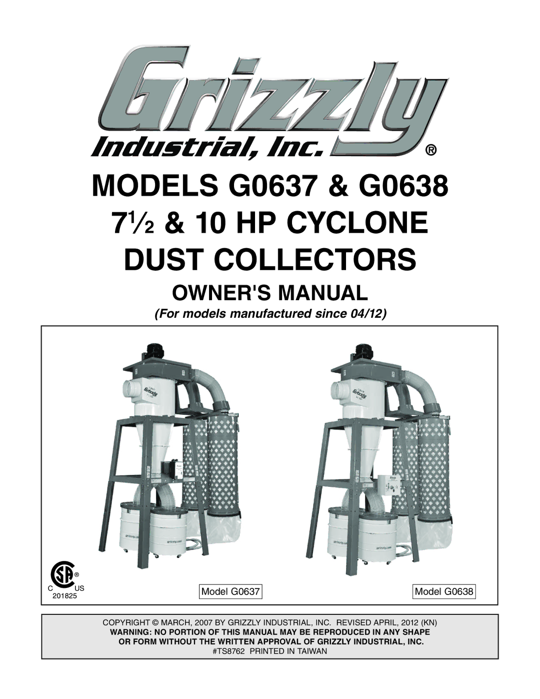 Grizzly G0637 owner manual 71⁄2 & 10 HP Cyclone Dust Collectors, BdYZa%+ 