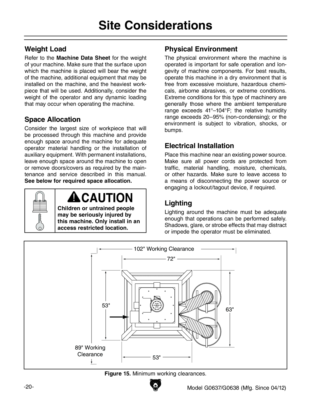 Grizzly G0637 owner manual Site Considerations 