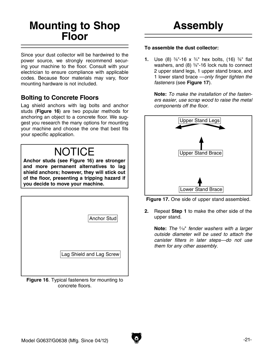 Grizzly G0637 owner manual Mounting to Shop Floor, Assembly, Bolting to Concrete Floors, To assemble the dust collector 