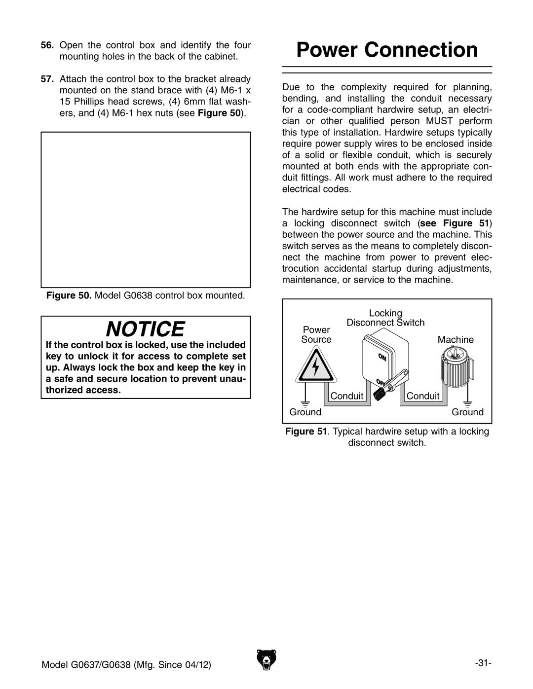 Grizzly G0637 owner manual  Power Connection, BdYZa%+-XdcigdaWdmbdjciZY# 