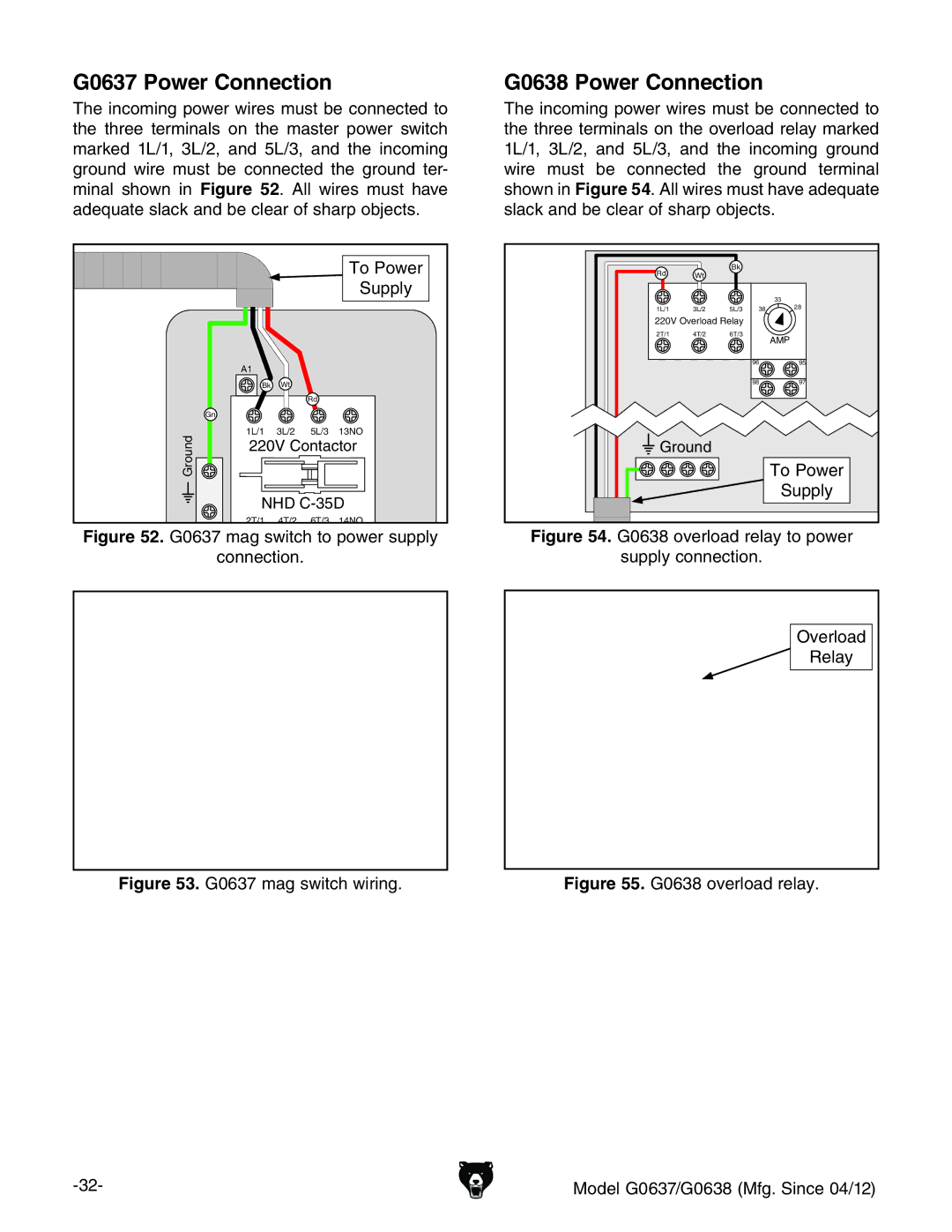 Grizzly owner manual G0637 Power Connection, G0638 Power Connection, IdEdlZg Hjeean, DkZgadVY GZaVn 