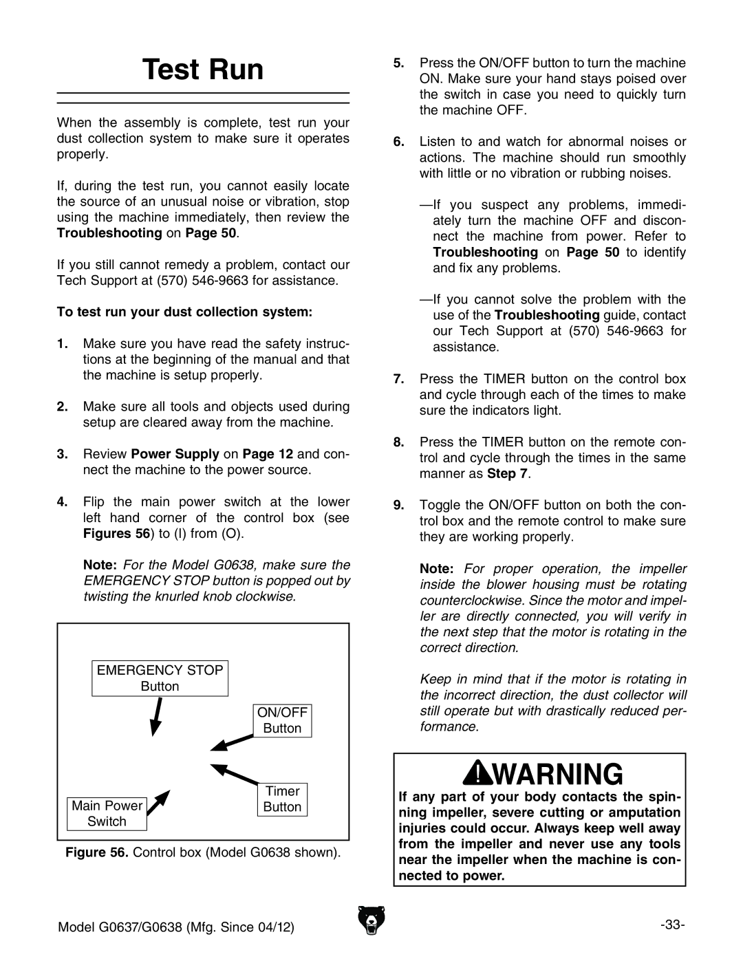 Grizzly G0637 owner manual Test Run, To test run your dust collection system 