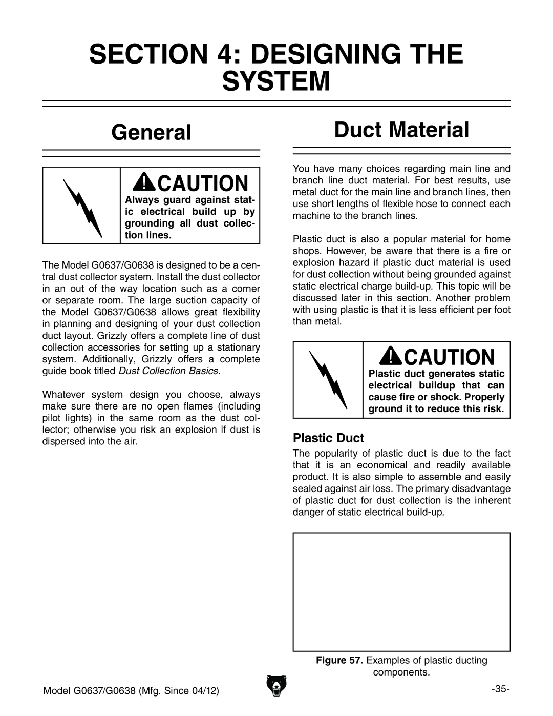 Grizzly G0637 owner manual Designing System, General Duct Material, Plastic Duct 