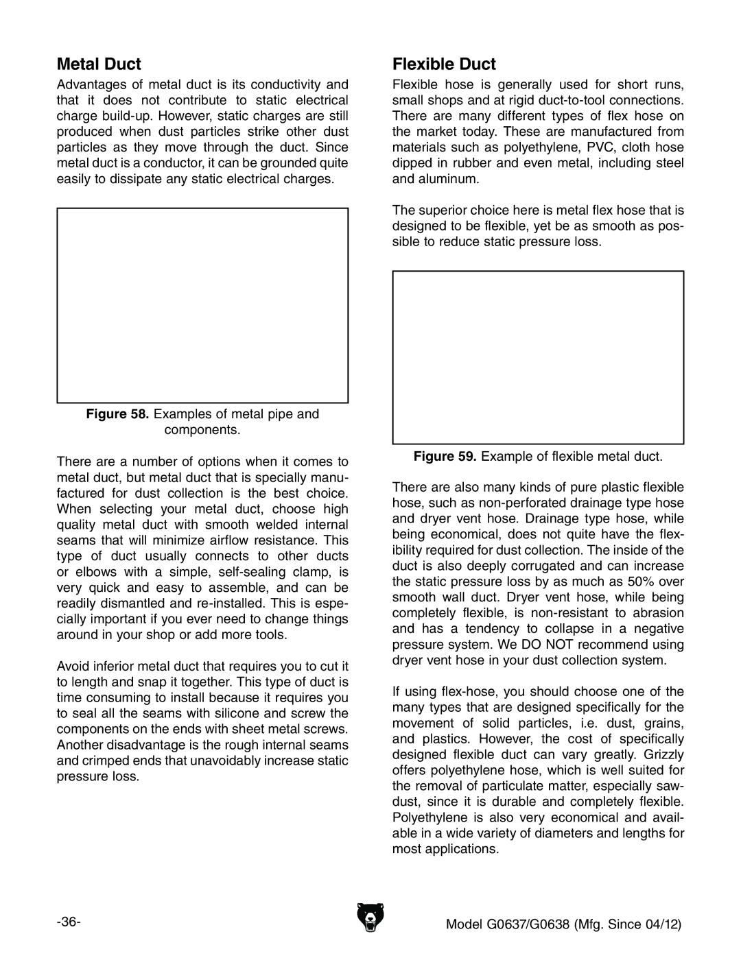 Grizzly G0637 owner manual Metal Duct, Flexible Duct 
