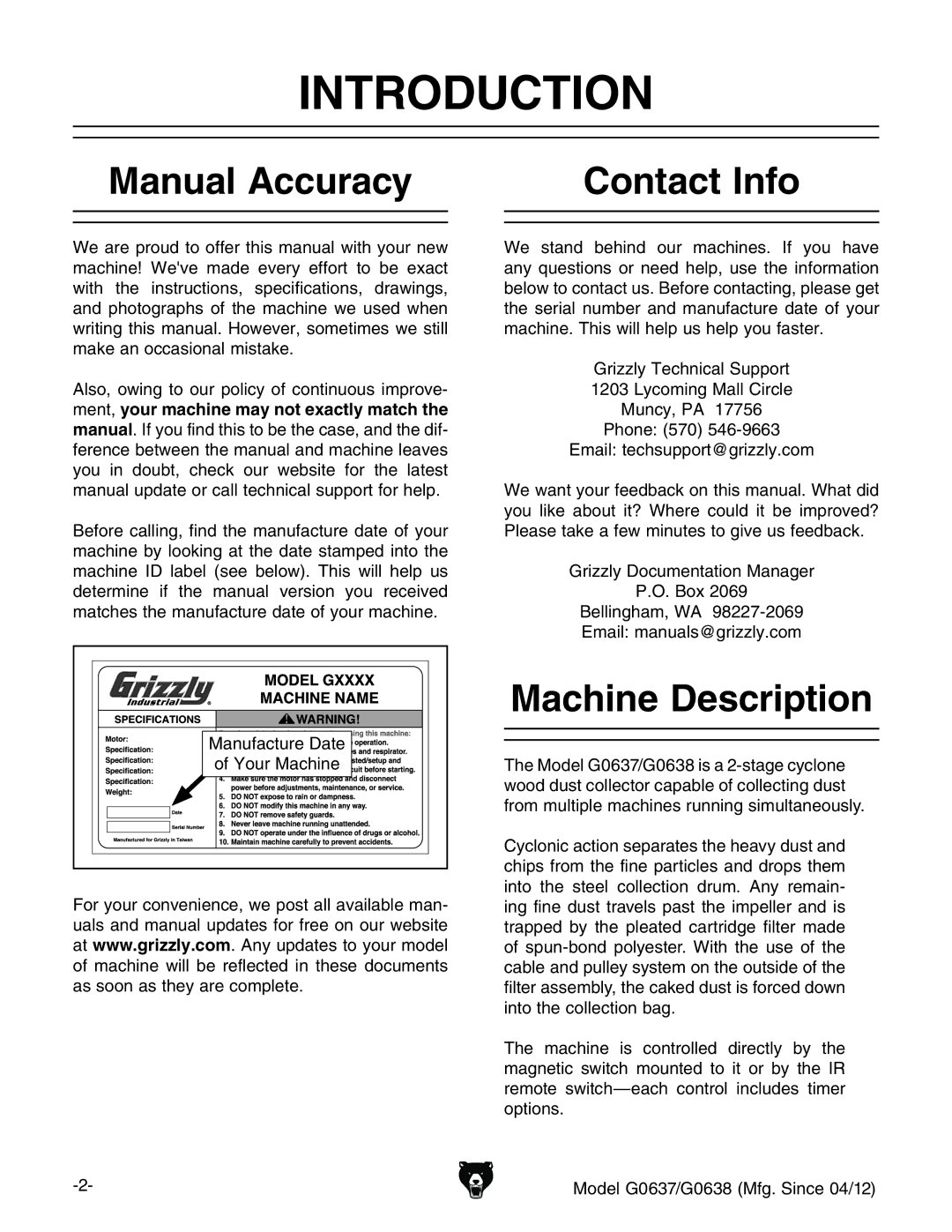 Grizzly G0637 owner manual Introduction, Manual Accuracy Contact Info, Machine Description, NdjgBVXcZ 