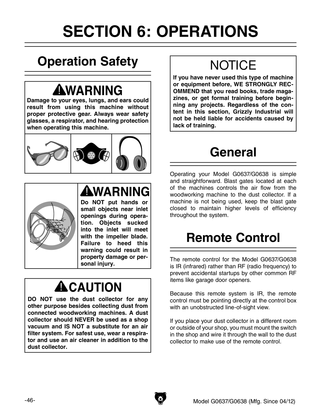 Grizzly G0637 owner manual Operations, Operation Safety, General, Remote Control 