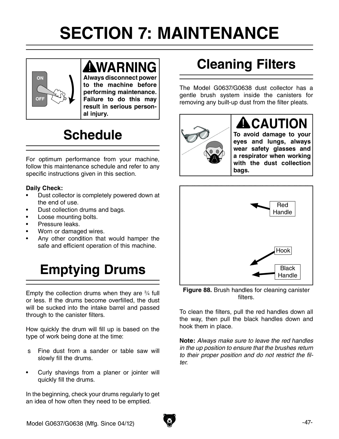 Grizzly G0637 owner manual Maintenance, Schedule, Emptying Drums, Cleaning Filters, Daily Check 