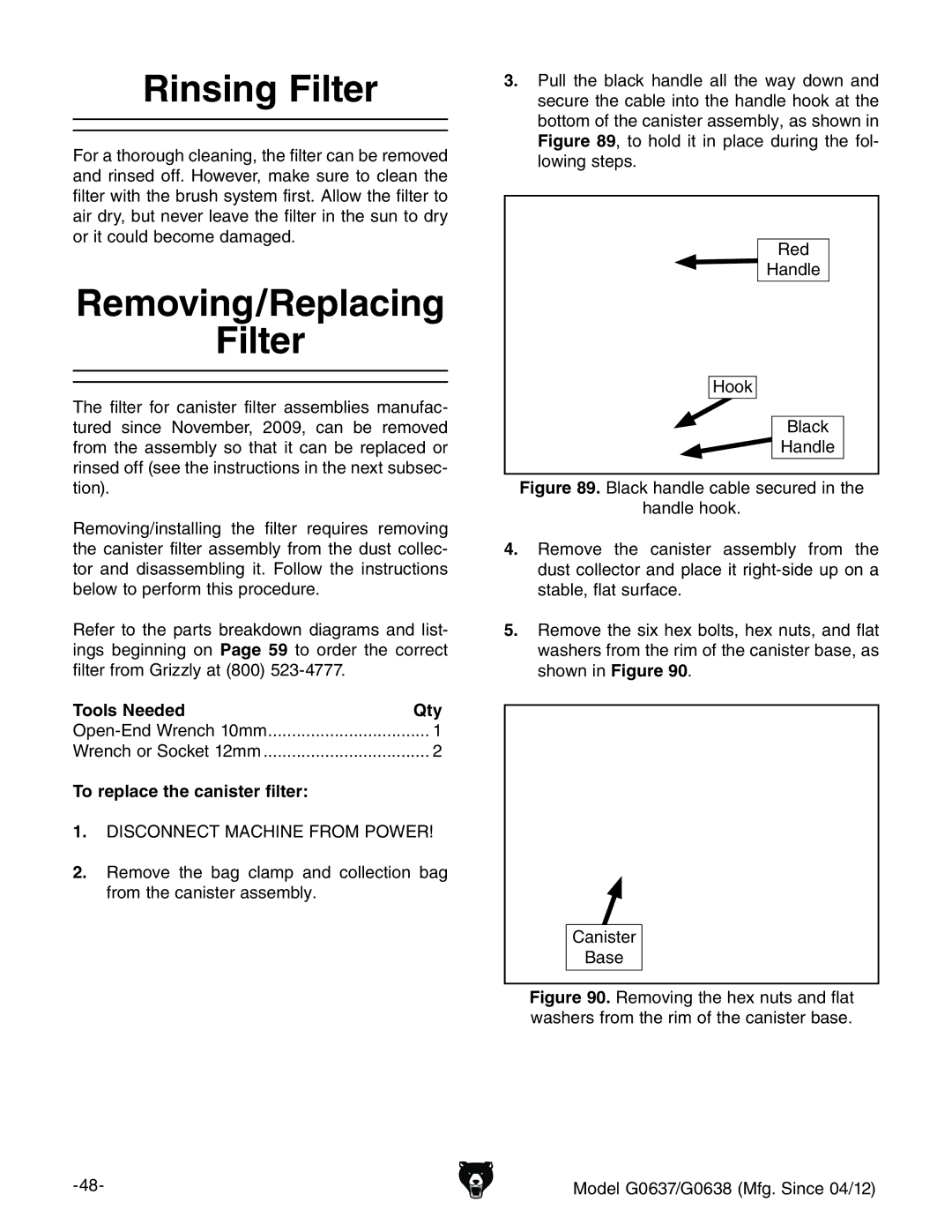 Grizzly G0637 owner manual Rinsing Filter, Removing/Replacing Filter, Tools NeededQty, To replace the canister filter 