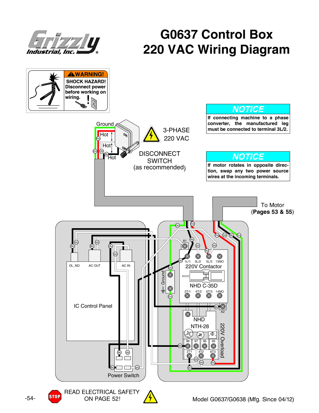 Grizzly owner manual G0637 Control Box VAC Wiring Diagram, IdBdidg, Pages 53 & 55 