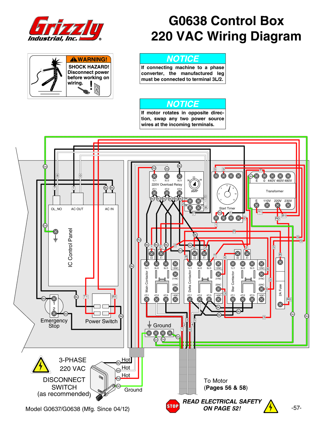 Grizzly G0637 owner manual G0638 Control Box VAC Wiring Diagram, Pages 56 & 58  