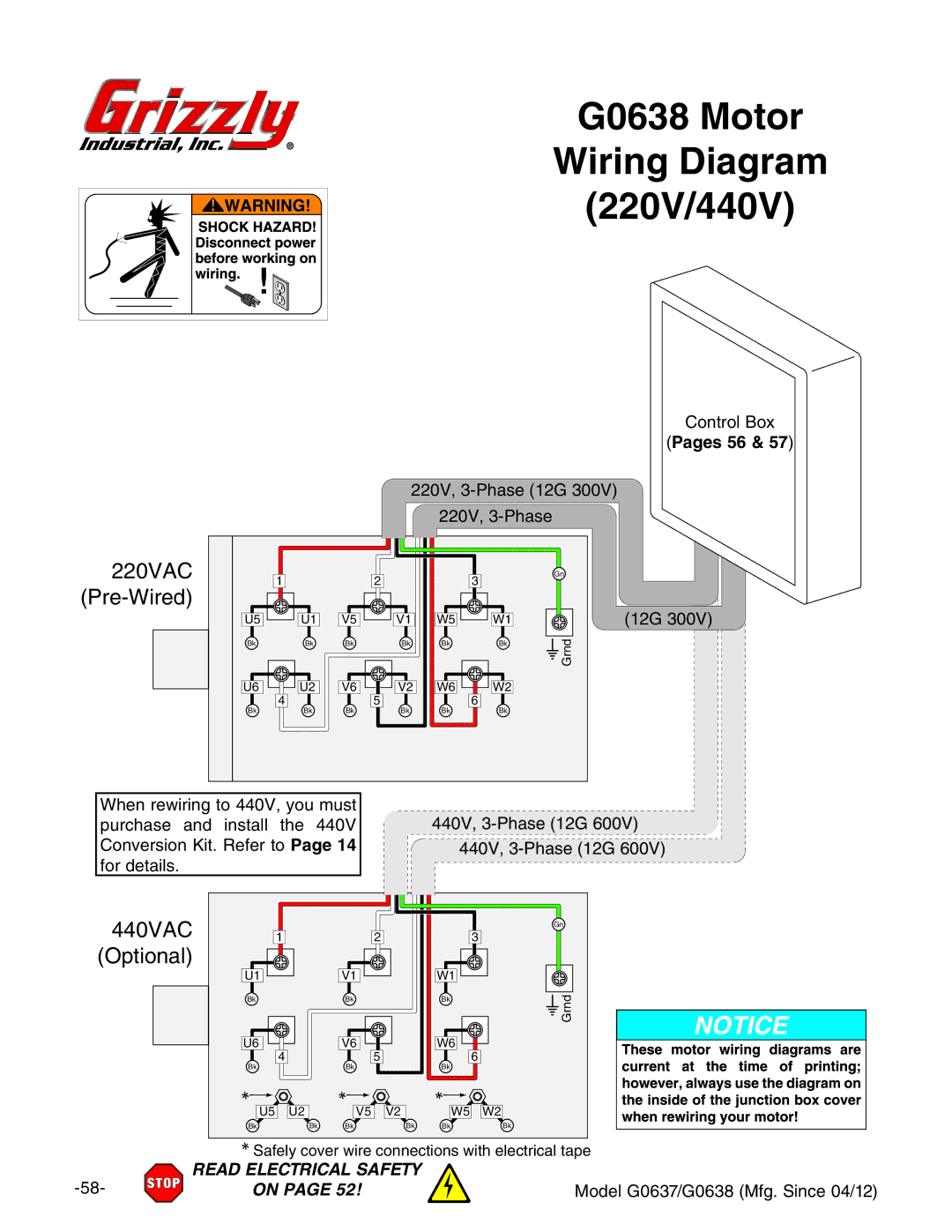 Grizzly G0637 owner manual G0638 Motor Wiring Diagram 220V/440V, Pages 56 & 57 