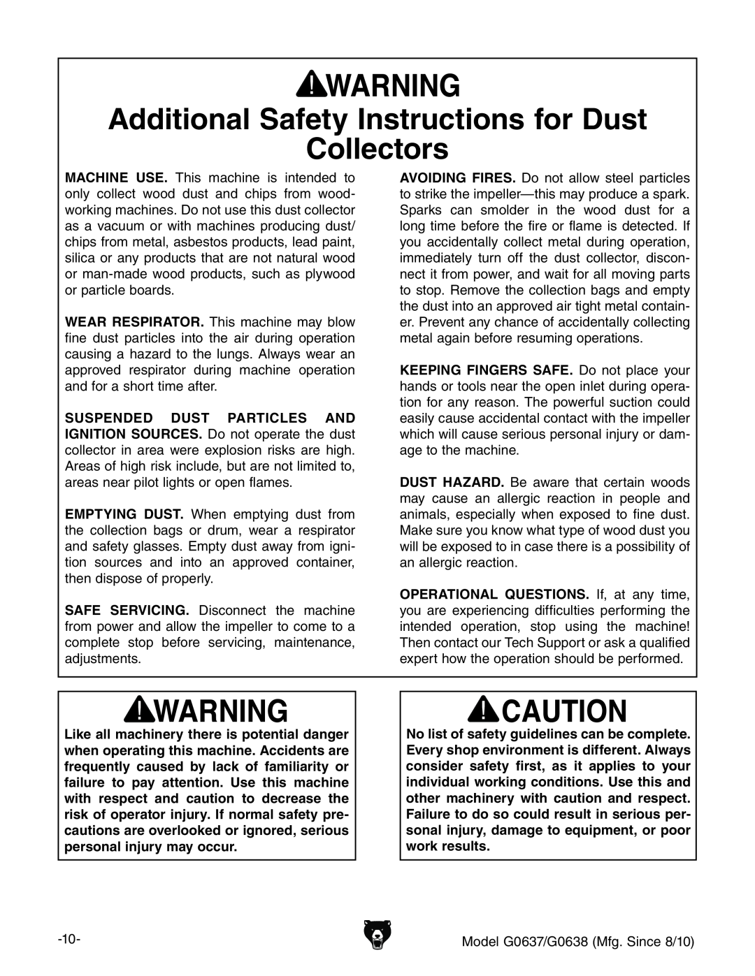 Grizzly G0637 owner manual Additional Safety Instructions for Dust, Collectors 