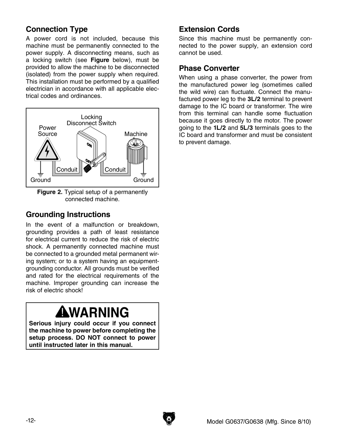 Grizzly G0637 owner manual Connection Type, Grounding Instructions, Extension Cords, Phase Converter 