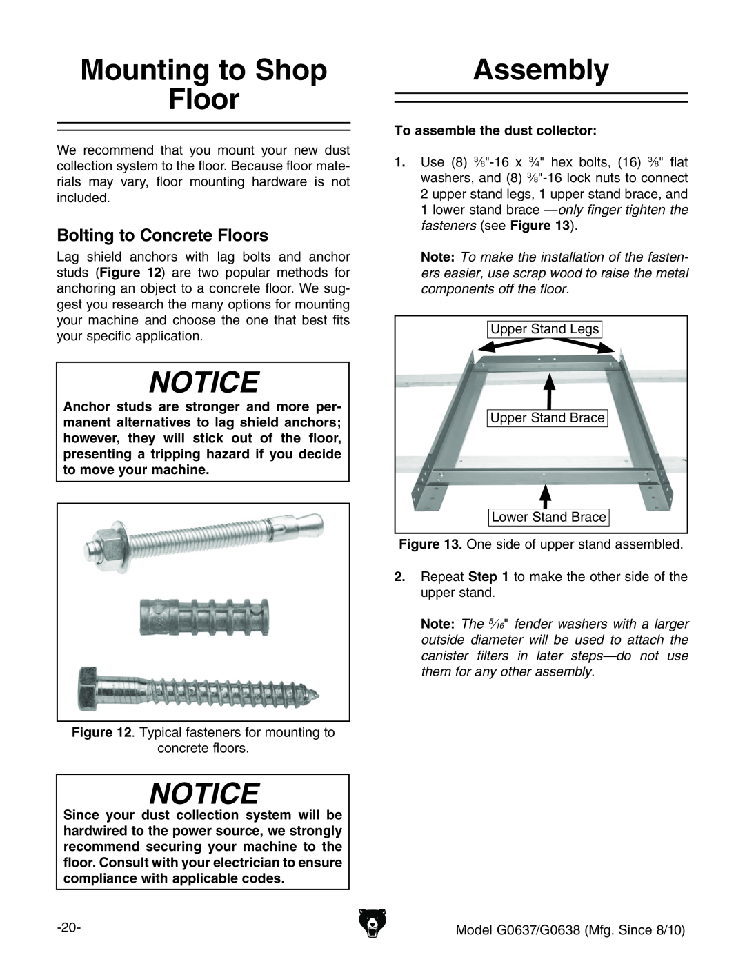 Grizzly G0637 owner manual Mounting to Shop Floor, Assembly, Bolting to Concrete Floors, Notice 
