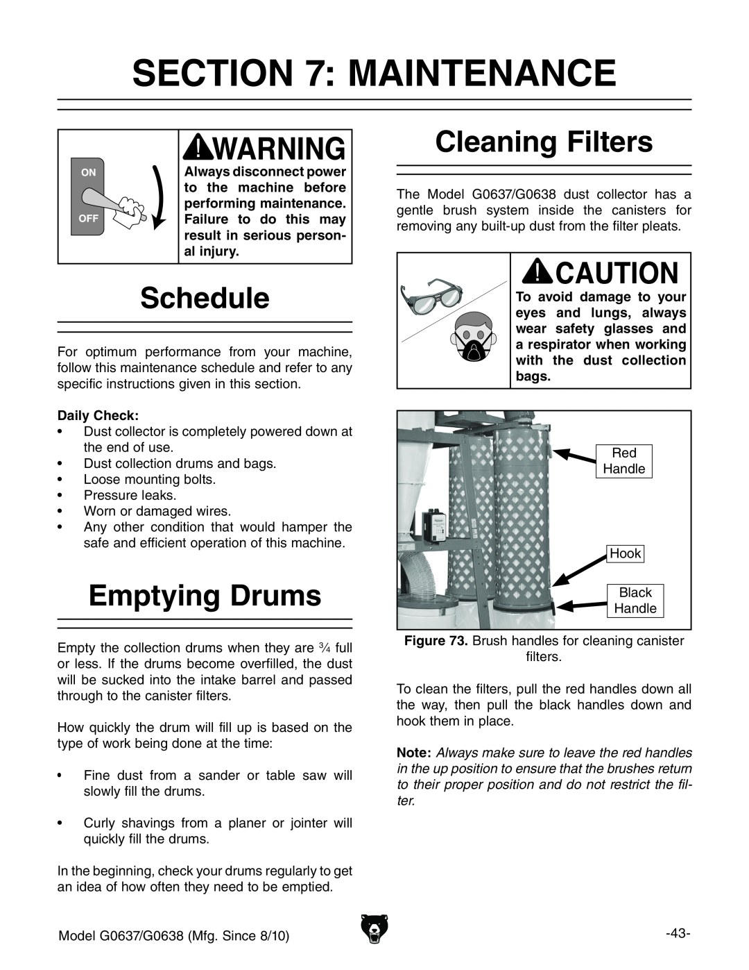 Grizzly G0637 owner manual Maintenance, Schedule, Emptying Drums, Cleaning Filters 