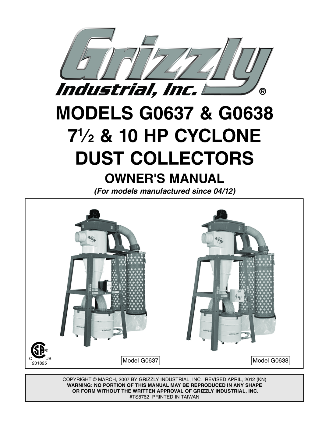 Grizzly owner manual BdYZa<%+, MODEL G0637/G0638 71/2 & 10 HP CYCLONE DUST, Collectors 