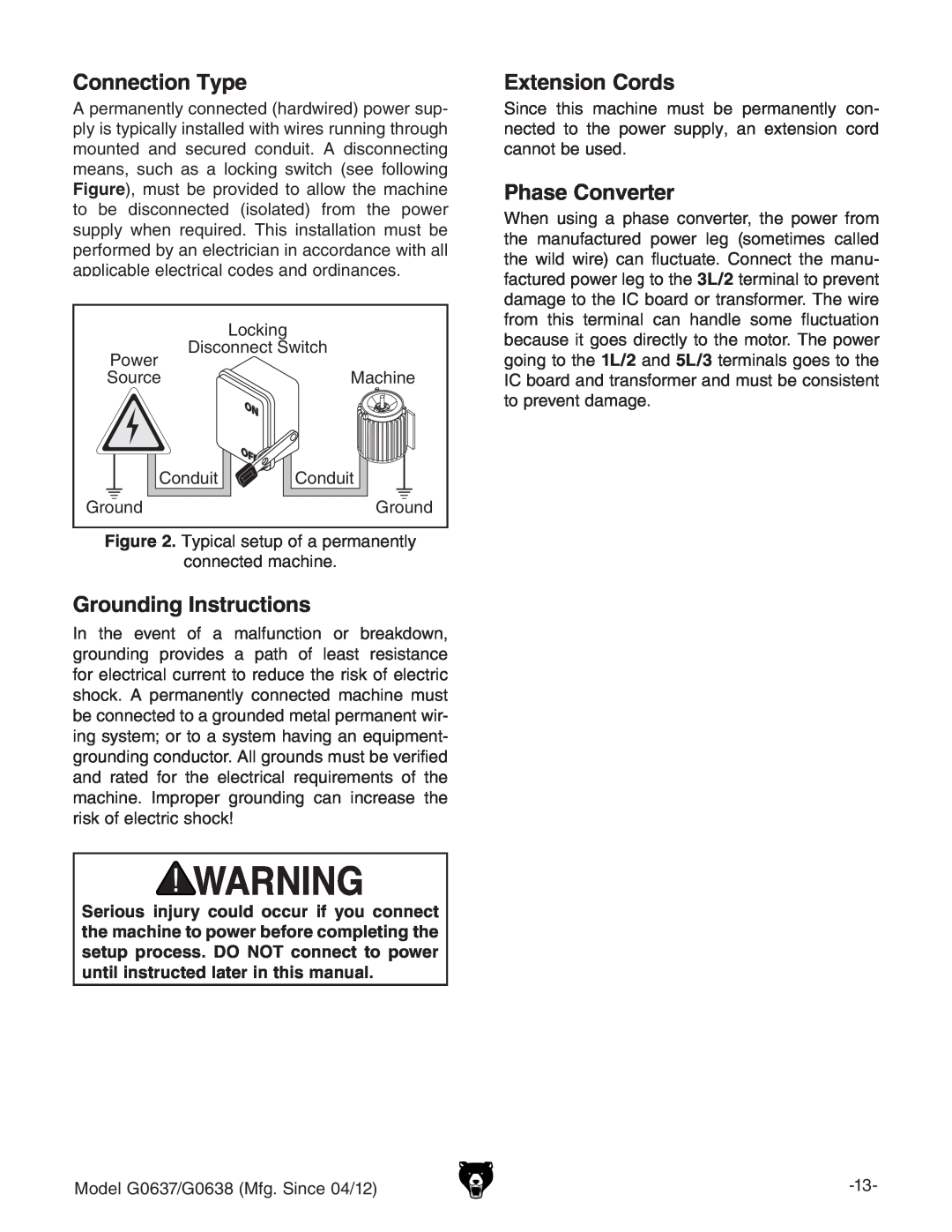 Grizzly G0637 owner manual Connection Type, Grounding Instructions, Extension Cords, Phase Converter 