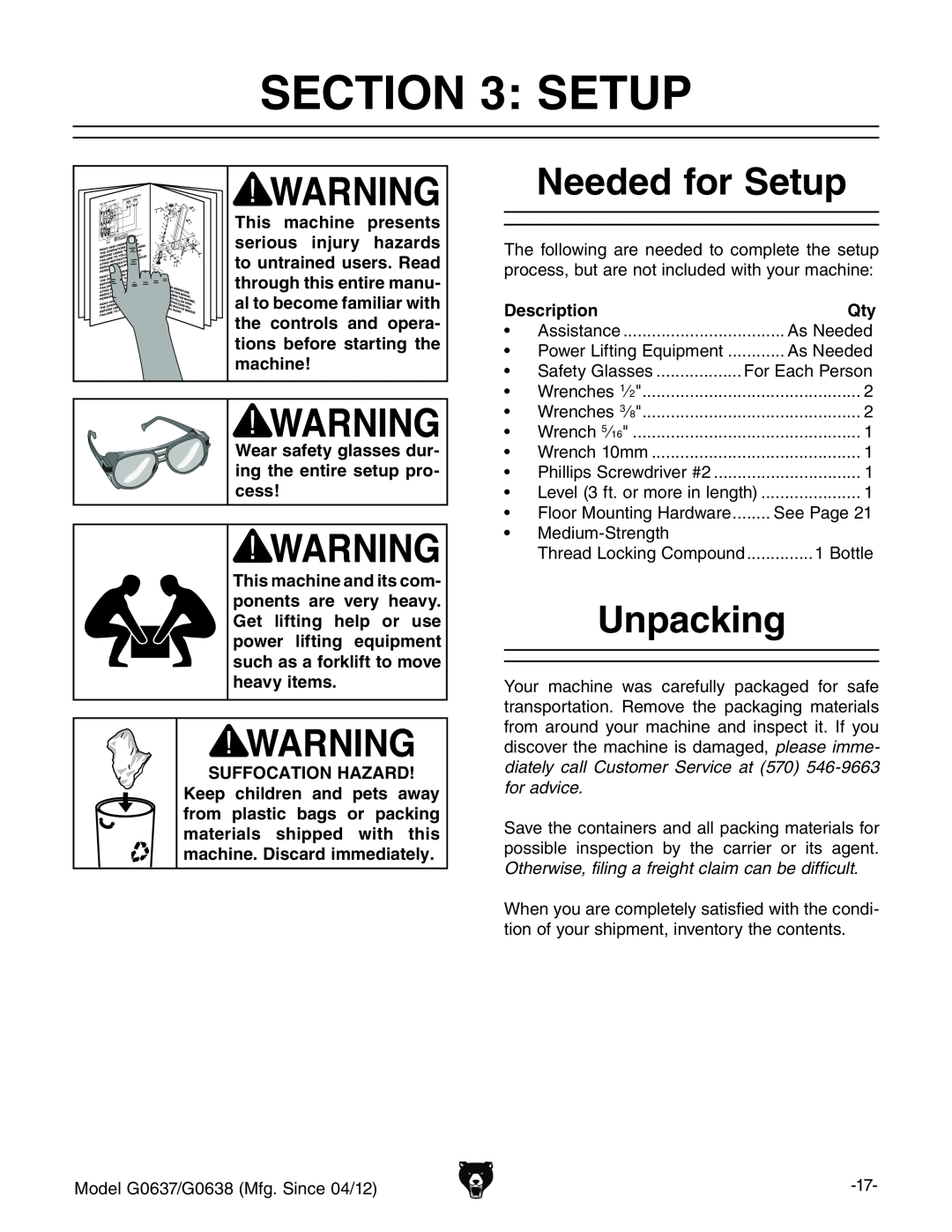 Grizzly G0637 owner manual Needed for Setup, Unpacking, Suffocation Hazard, Description 