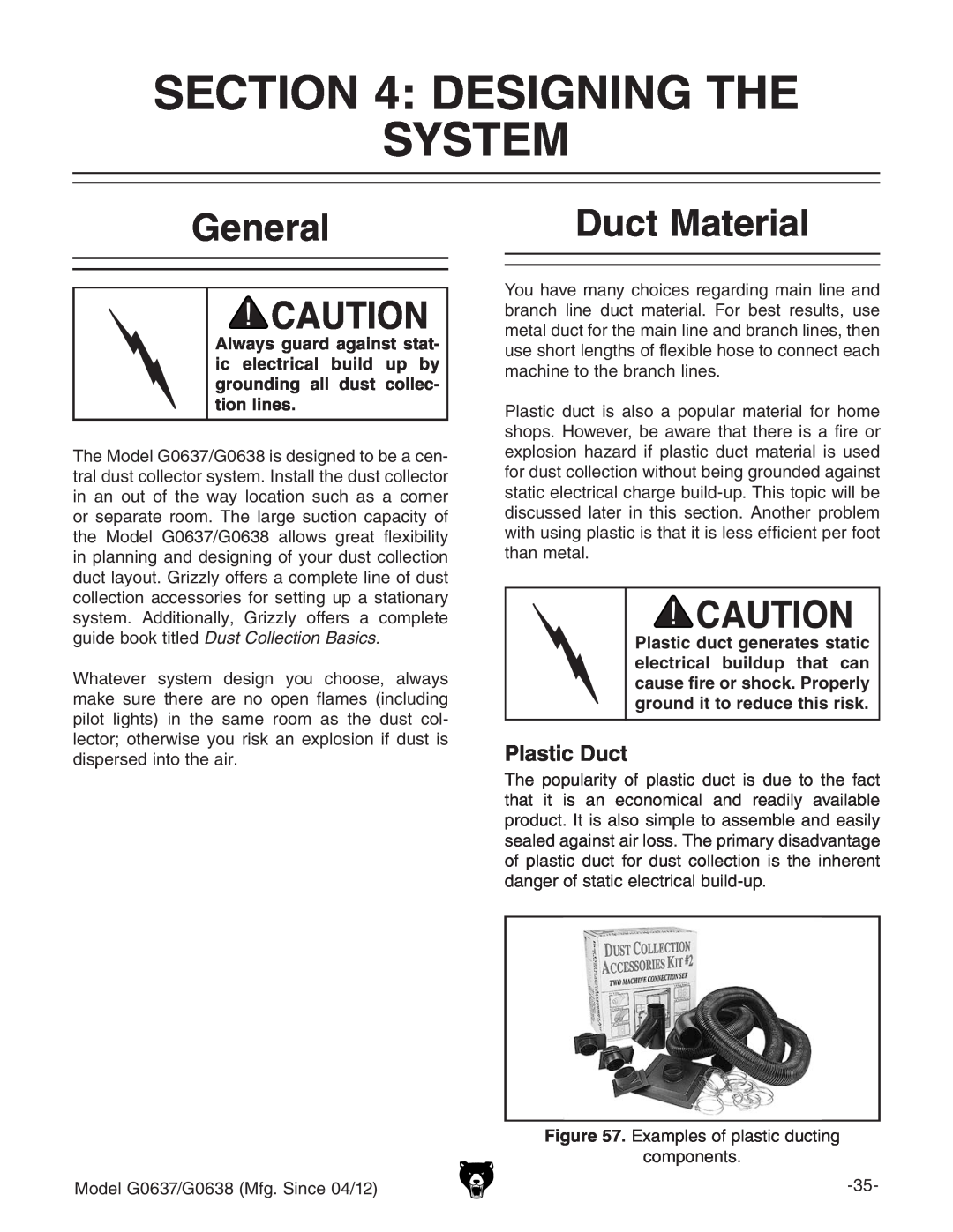 Grizzly G0637 owner manual Designing The System, General, Duct Material, Plastic Duct 