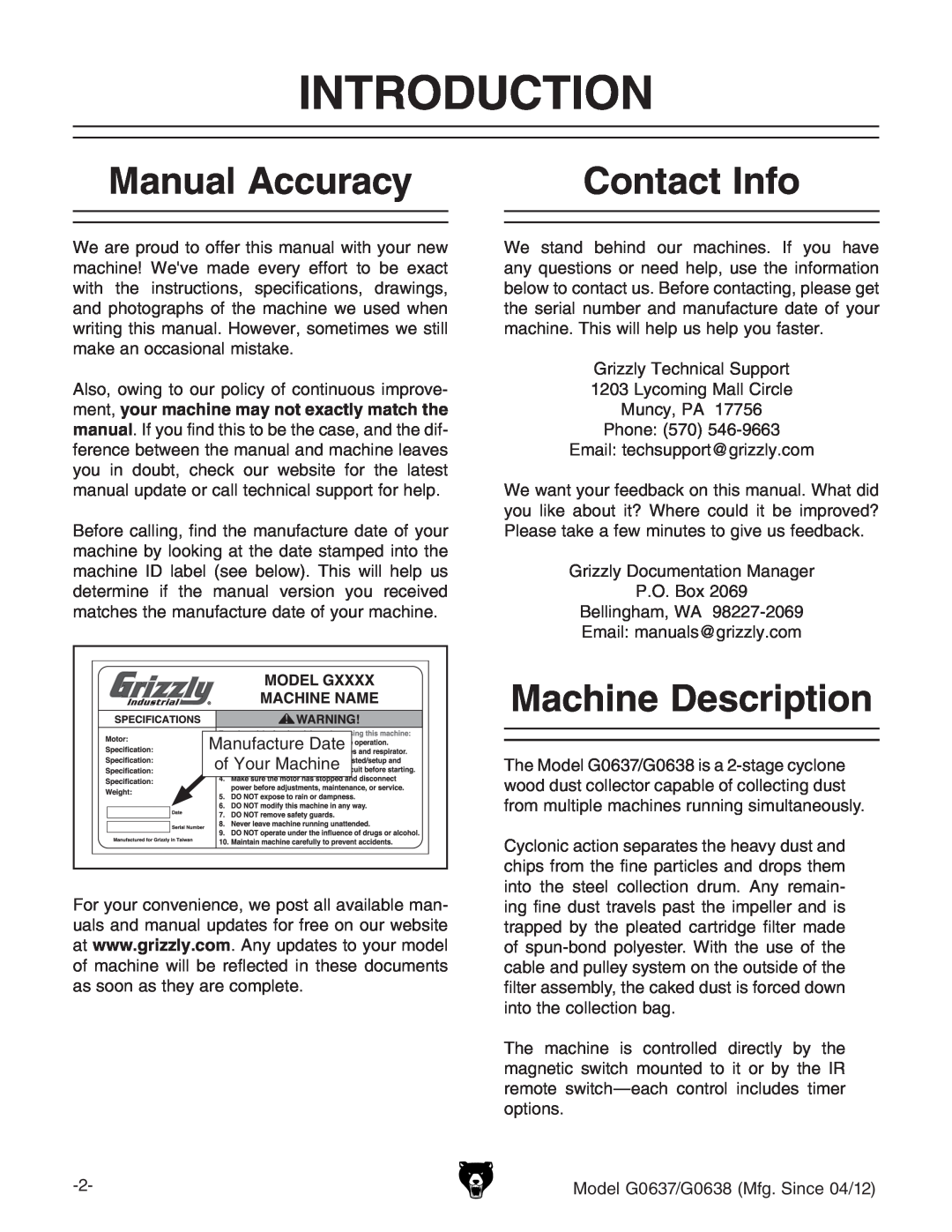 Grizzly G0637 owner manual Introduction, Manual Accuracy, Contact Info, Machine Description, dNdjgBVX^cZ 