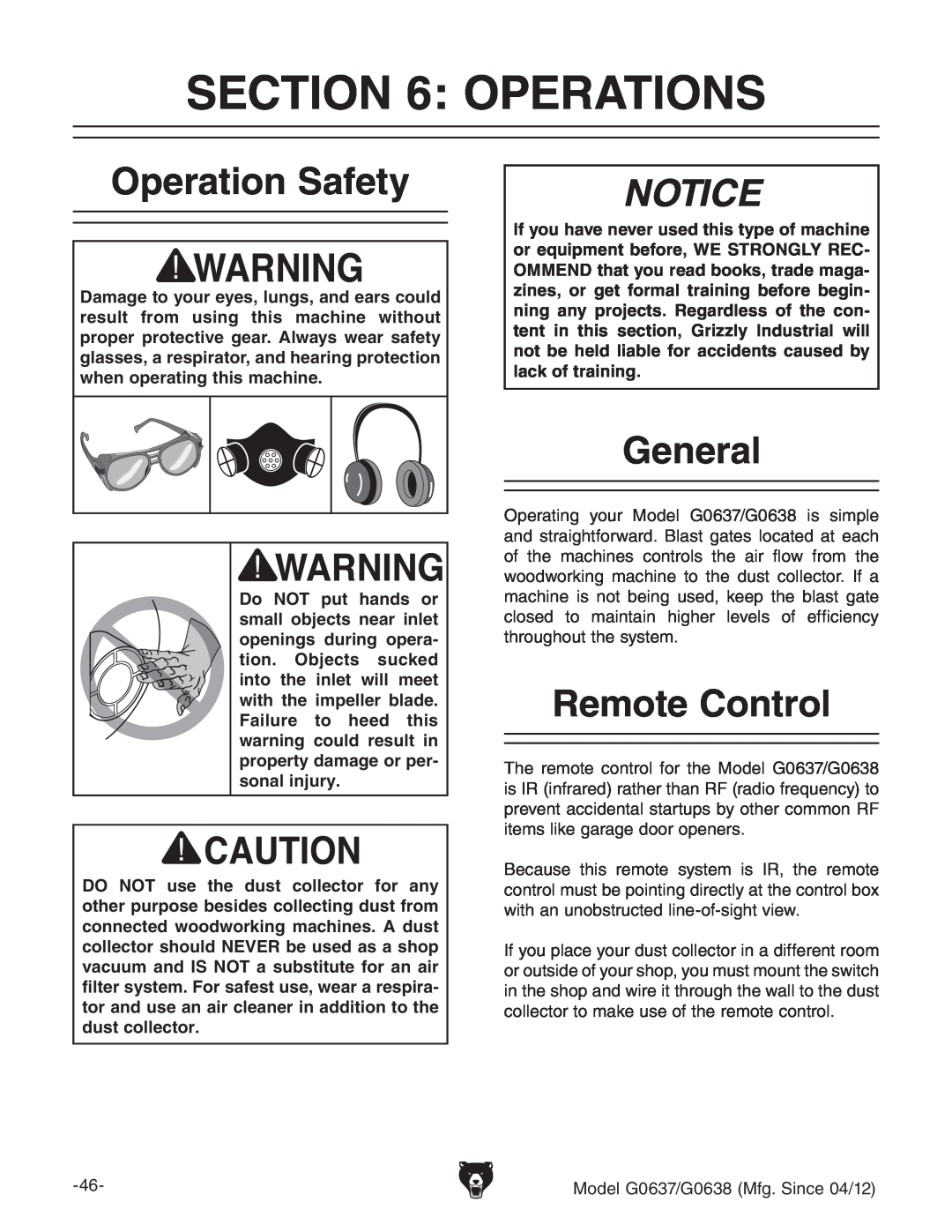 Grizzly G0637 owner manual Operations, Operation Safety, Remote Control, Notice, General 