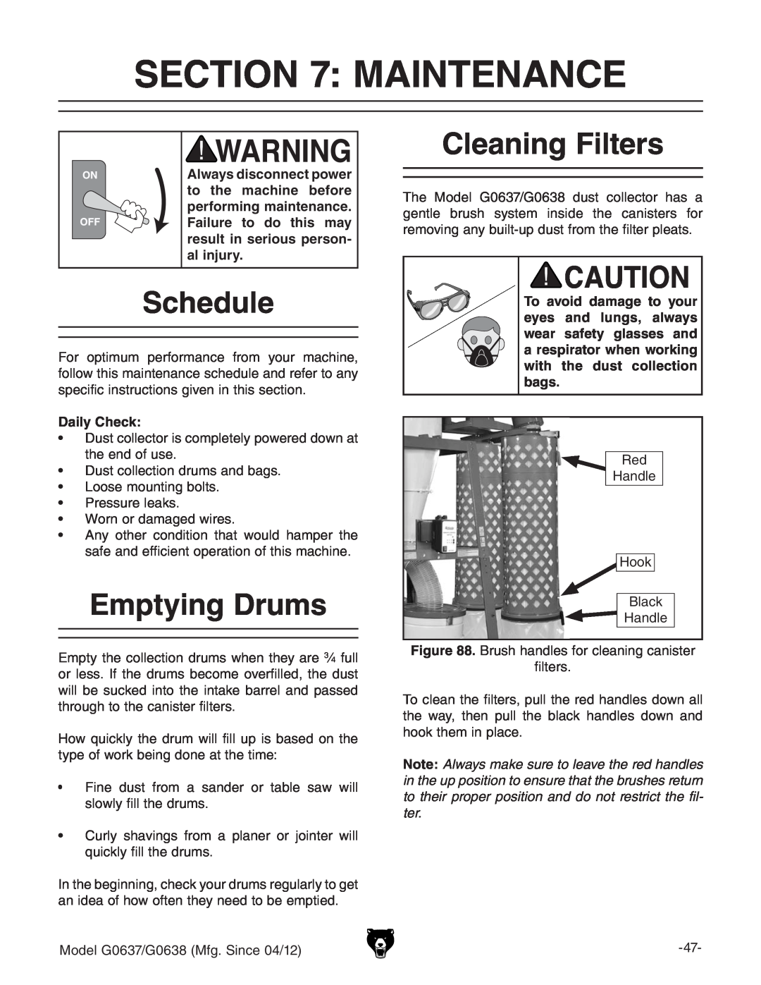 Grizzly G0637 owner manual Maintenance, Schedule, Emptying Drums, Cleaning Filters, Daily Check 