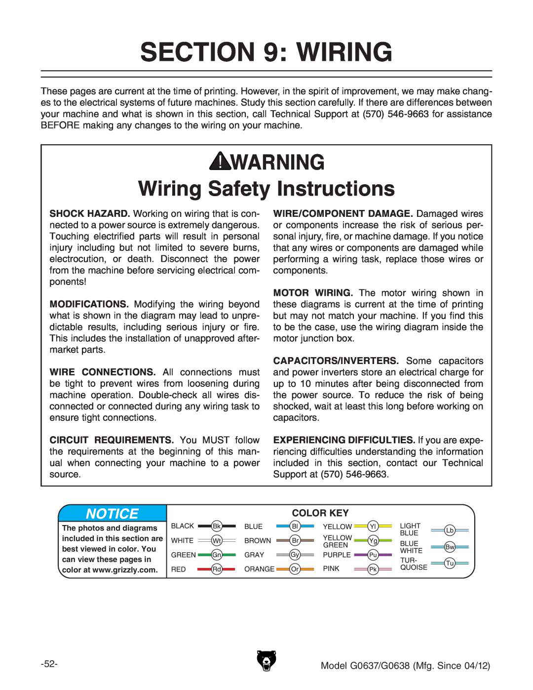 Grizzly G0637 Wiring Safety Instructions, SHOCK HAZARD. Ldg`^c\dcl^g^c\iVi^hXdc, XdbedcZcih#, edcZcih 