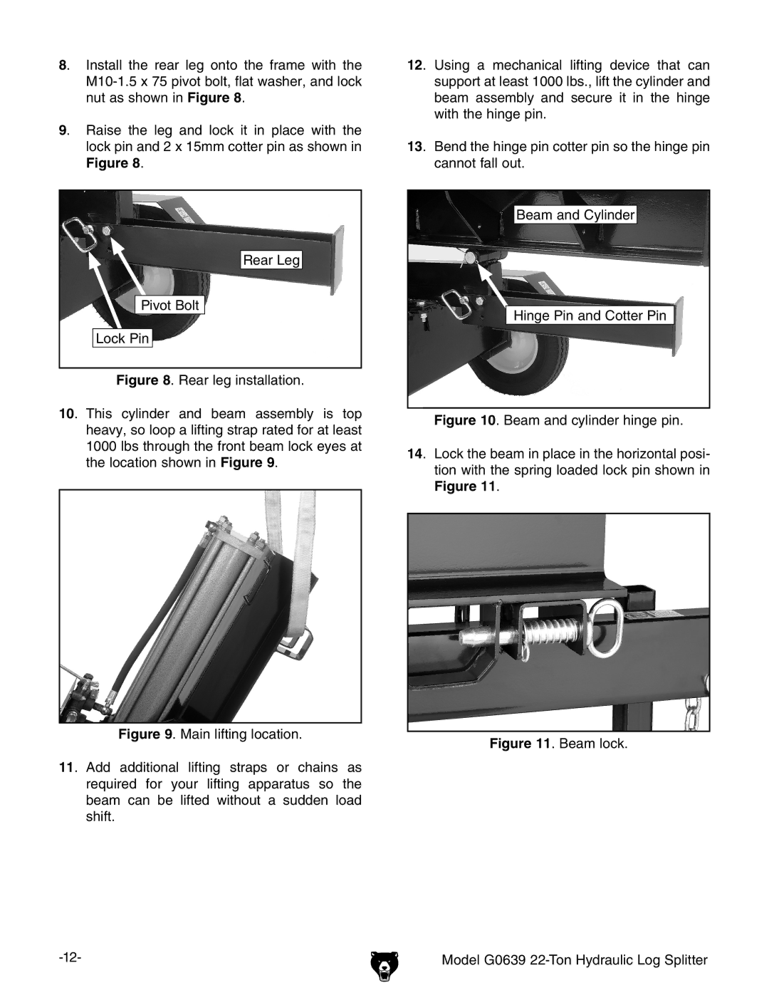 Grizzly owner manual Beam lock Model G0639 22-Ton Hydraulic Log Splitter 