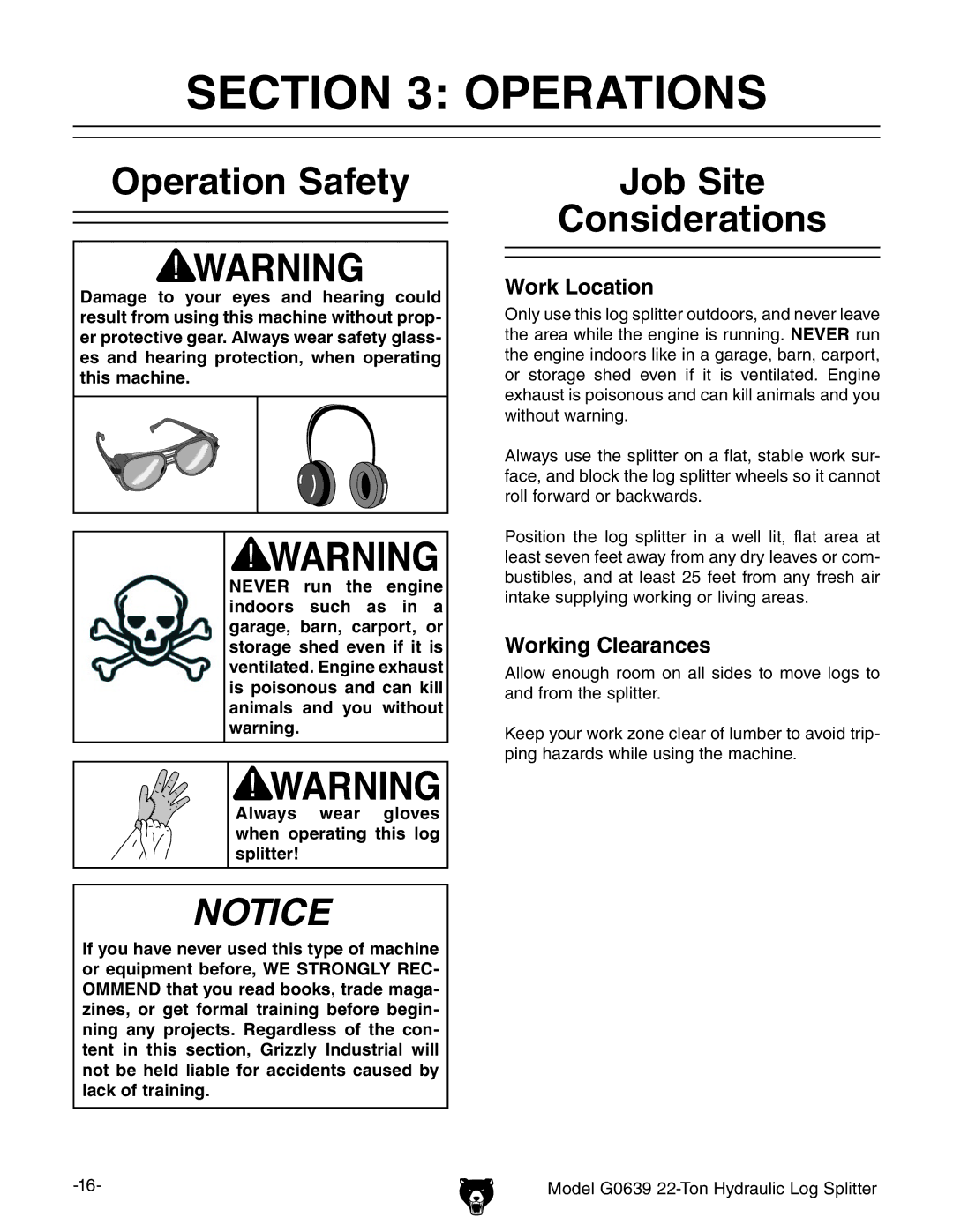 Grizzly G0639 owner manual Operations, Operation Safety, Job Site Considerations 