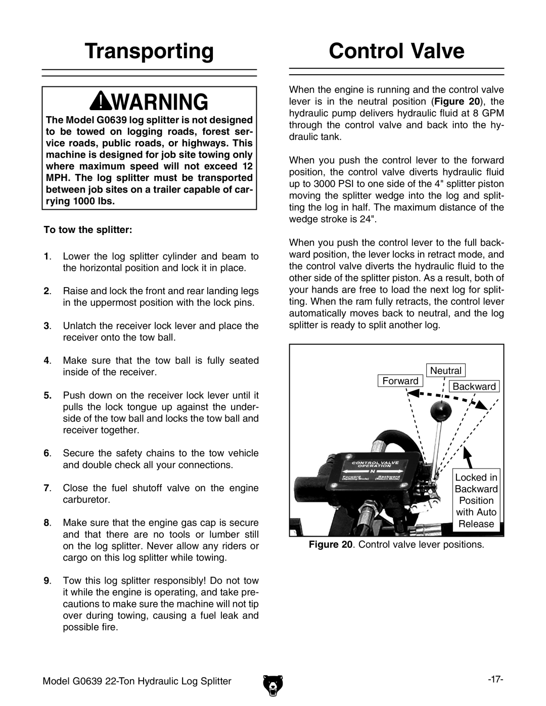 Grizzly G0639 owner manual Transporting, Control Valve 