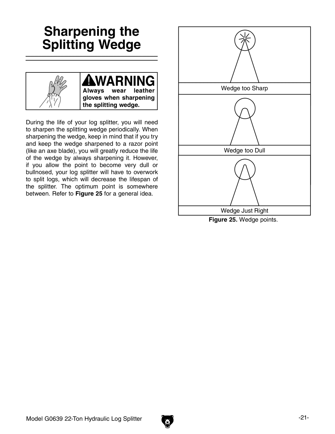 Grizzly G0639 owner manual Sharpening Splitting Wedge, Wedge points 