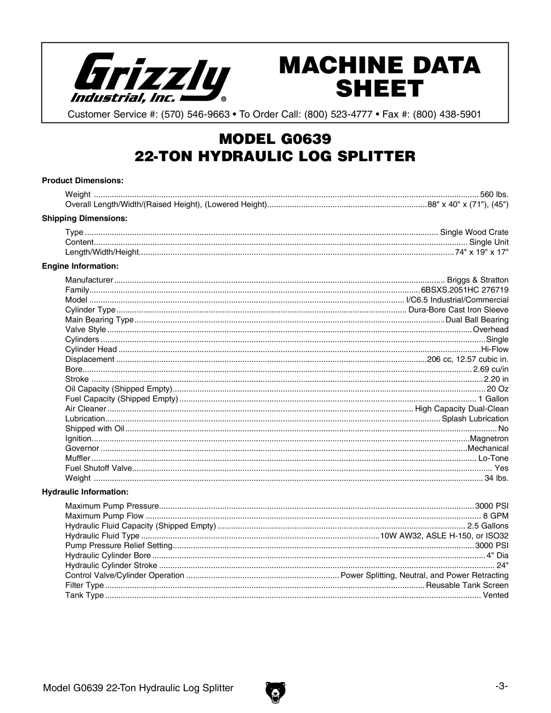 Grizzly G0639 owner manual Machine Data Sheet 