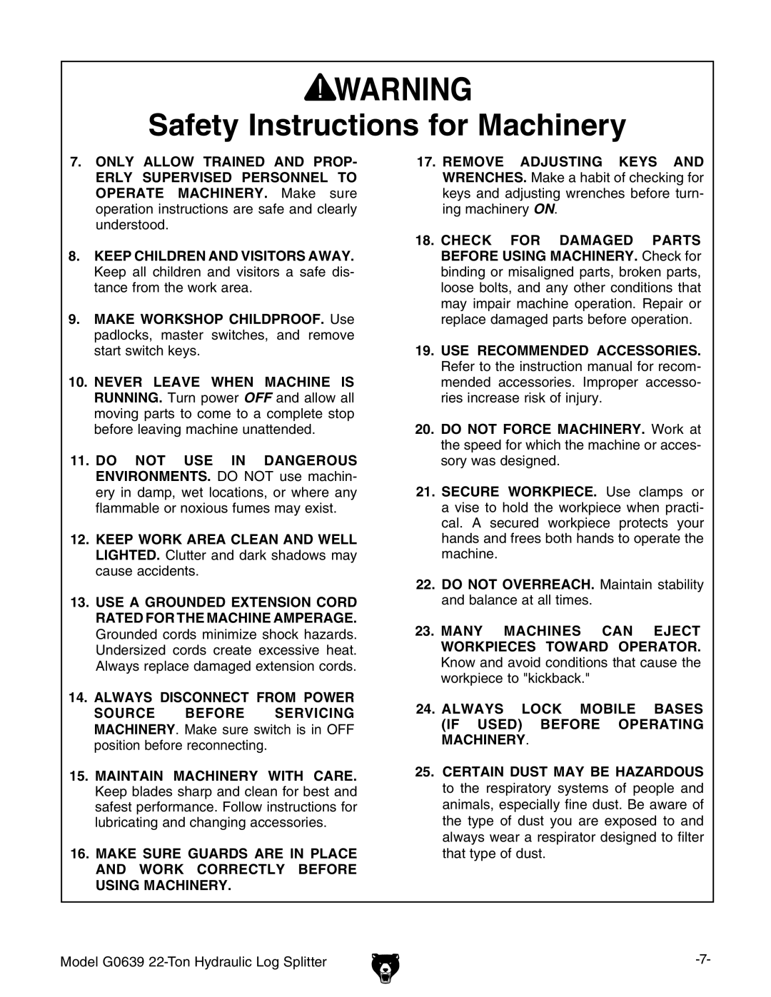 Grizzly owner manual Model G0639 22-Ton Hydraulic Log Splitter 