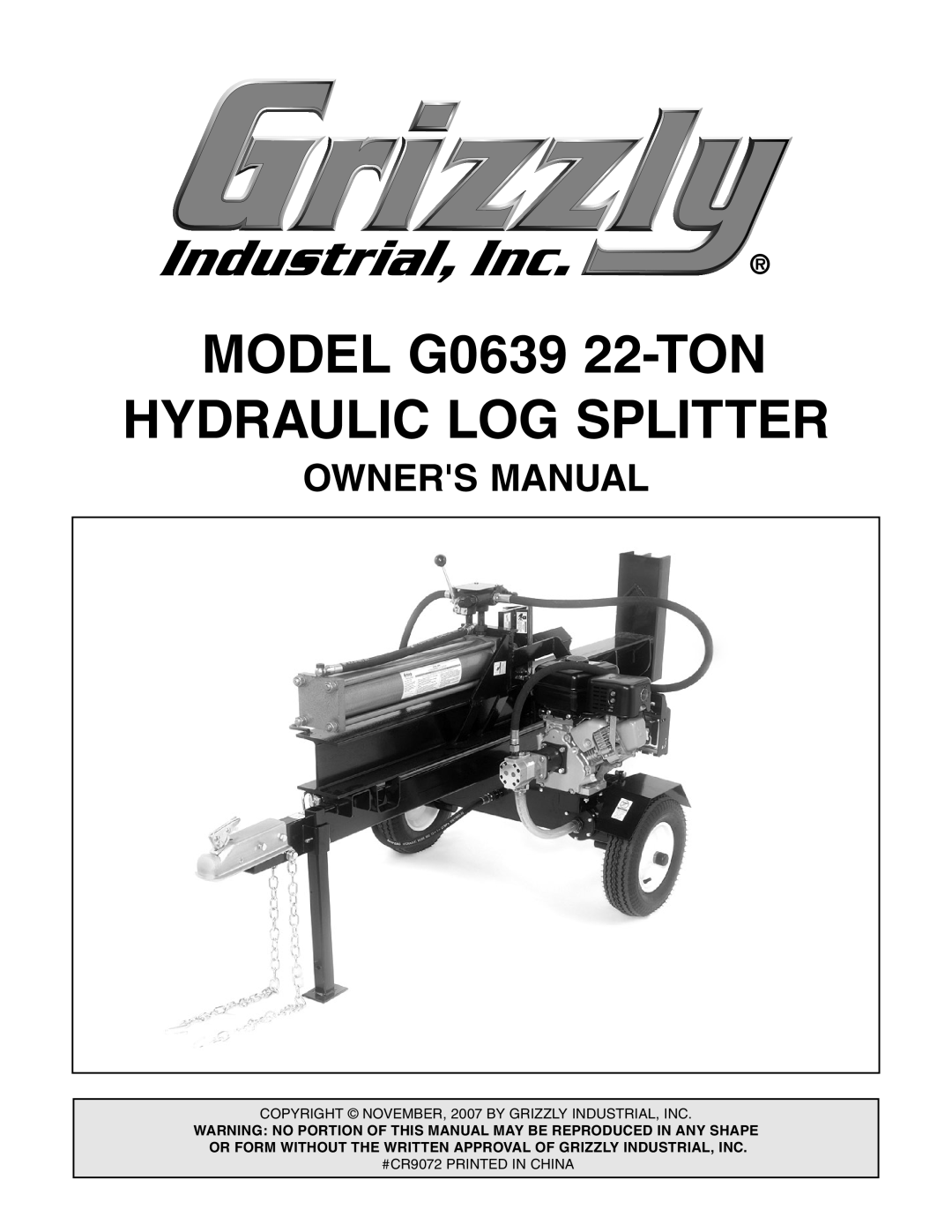 Grizzly owner manual MODEL G0639 22-TON HYDRAULIC LOG SPLITTER 