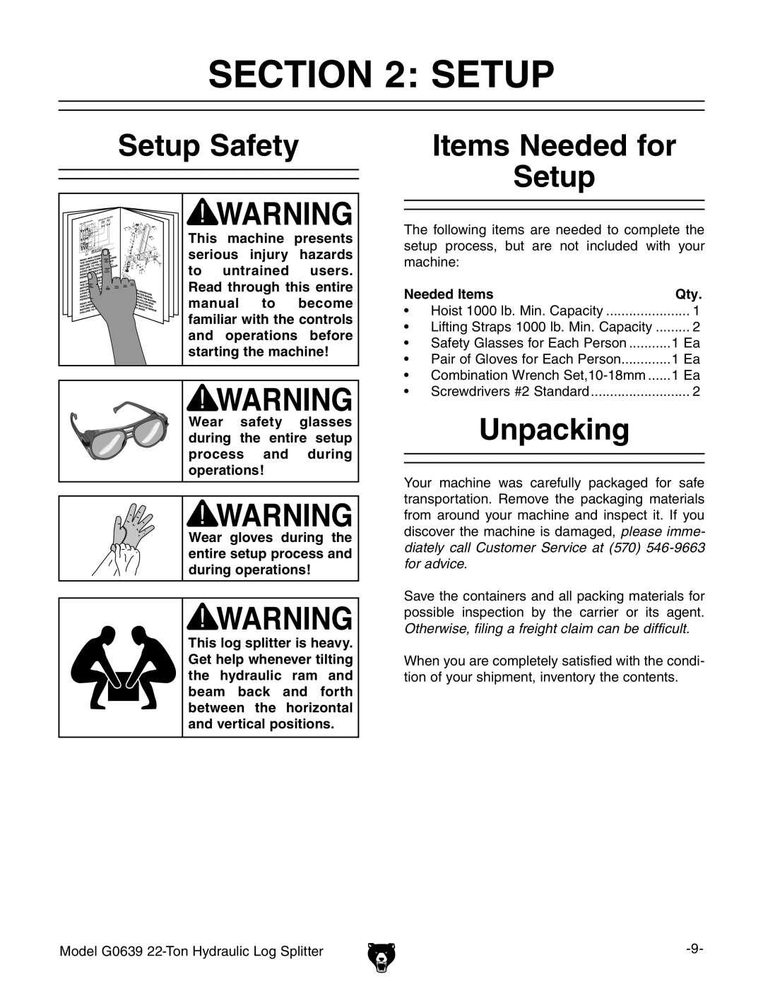 Grizzly G0639 owner manual Setup Safety, Items Needed for Setup, Unpacking 