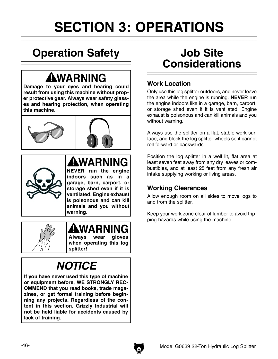 Grizzly G0639 owner manual Operations, Operation Safety, Job Site Considerations, Work Location, Working Clearances 