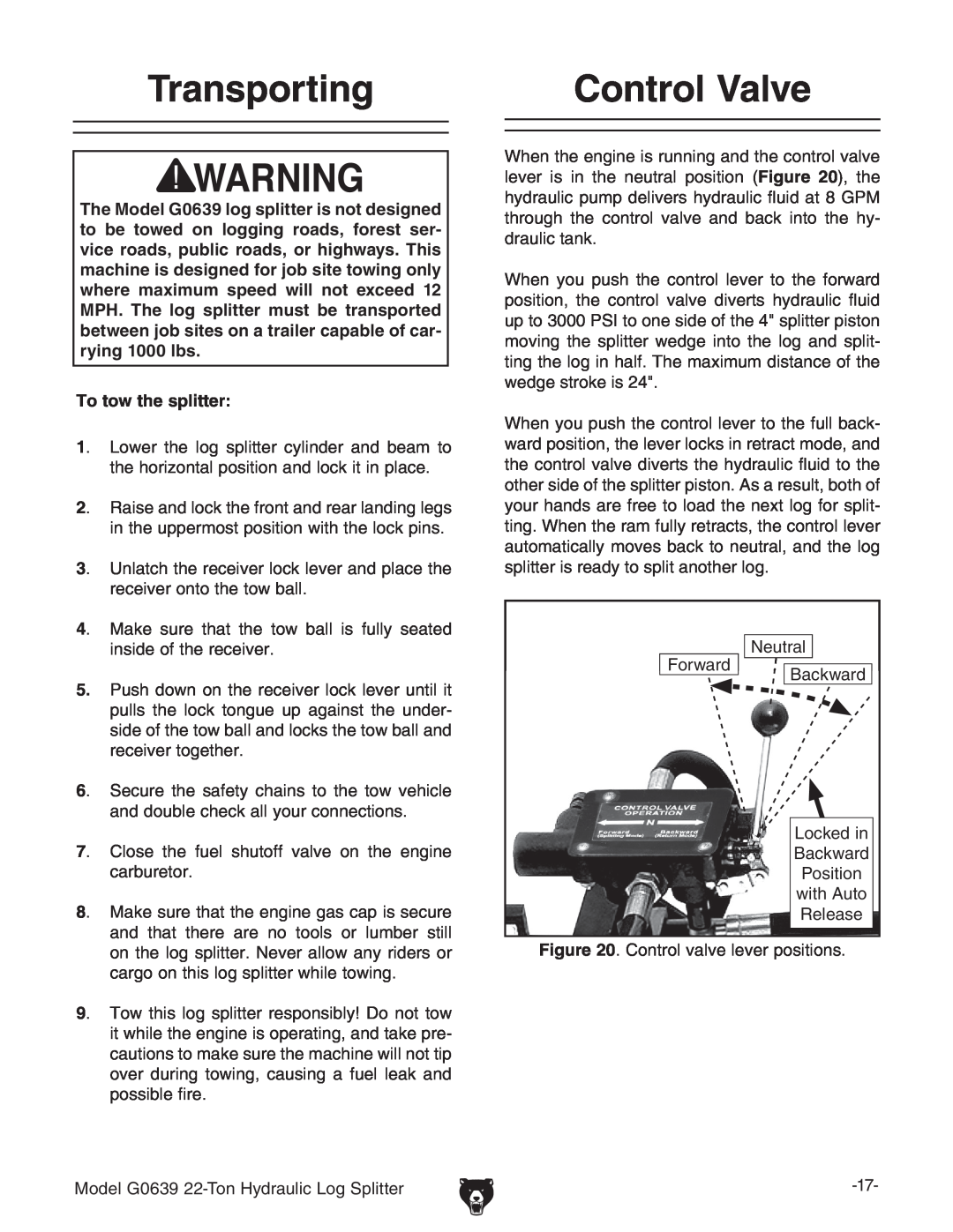 Grizzly G0639 owner manual Transporting, Control Valve, Backward 
