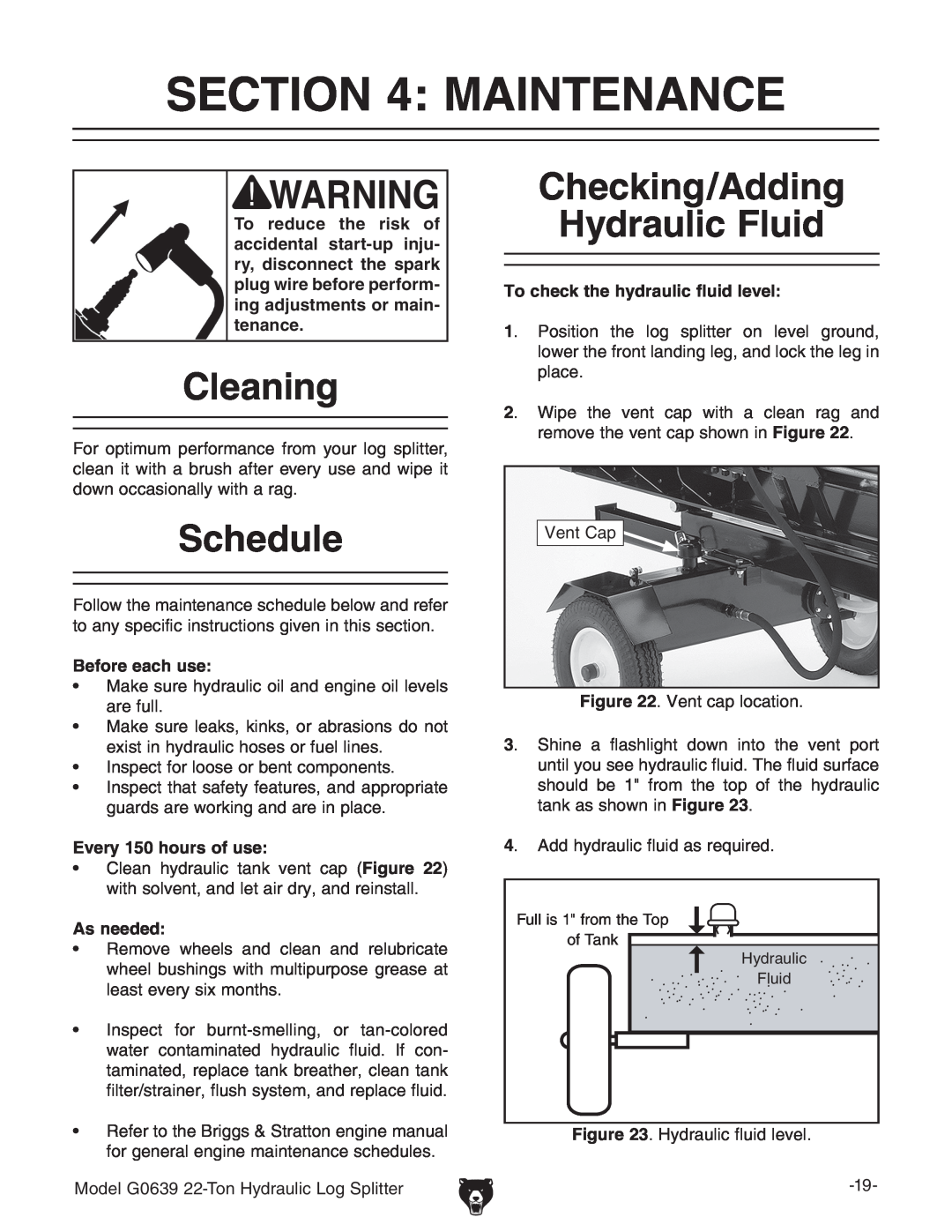 Grizzly G0639 owner manual Maintenance, Cleaning, Schedule, Checking/Adding Hydraulic Fluid 