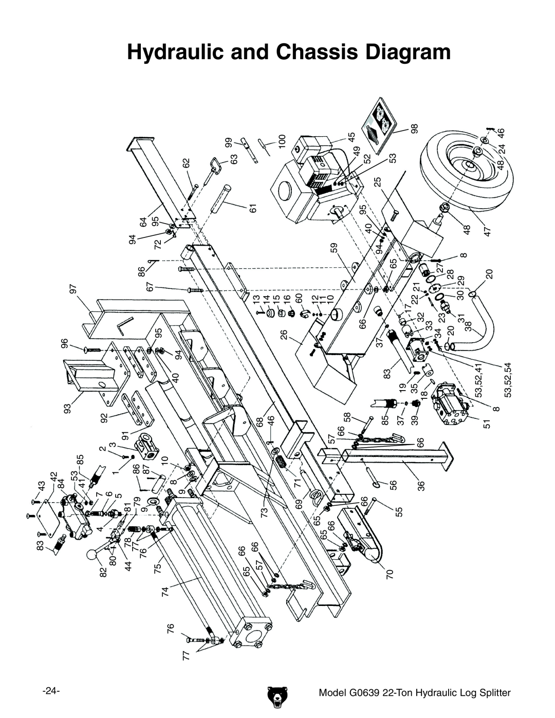 Grizzly G0639 owner manual Hydraulic and Chassis Diagram, Model, HydraulicLogSplitter, 22-Ton 