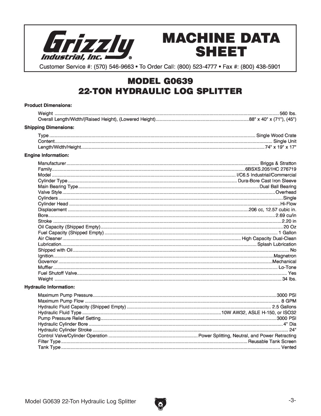 Grizzly Machine Data Sheet, MODEL G0639, Ton Hydraulic Log Splitter, Product Dimensions, Shipping Dimensions 