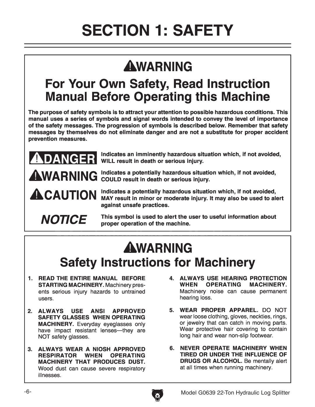 Grizzly owner manual Safety Instructions for Machinery, Model G0639 22-Ton Hydraulic Log Splitter 