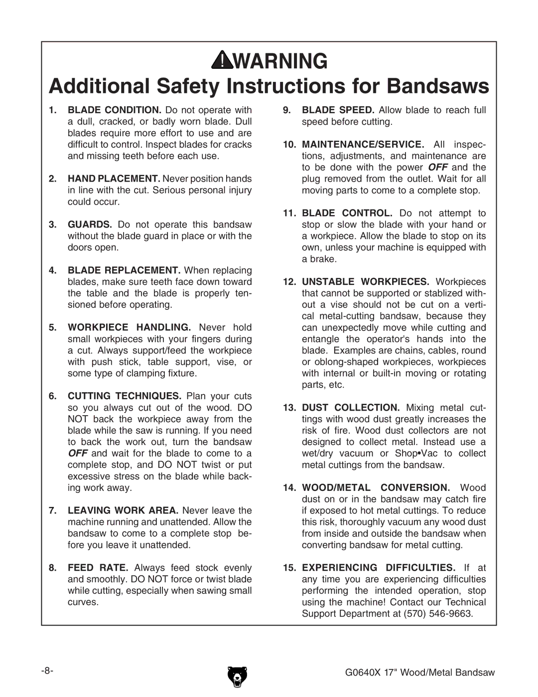 Grizzly G0640X owner manual Additional Safety Instructions for Bandsaws 