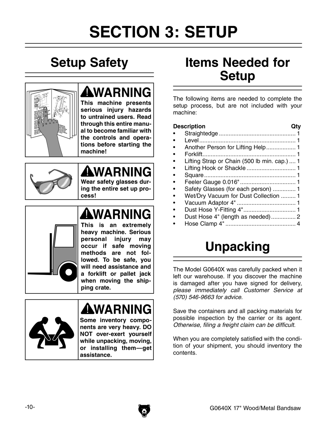 Grizzly G0640X owner manual Setup Safety, Items Needed for Setup, Unpacking, Description Qty 