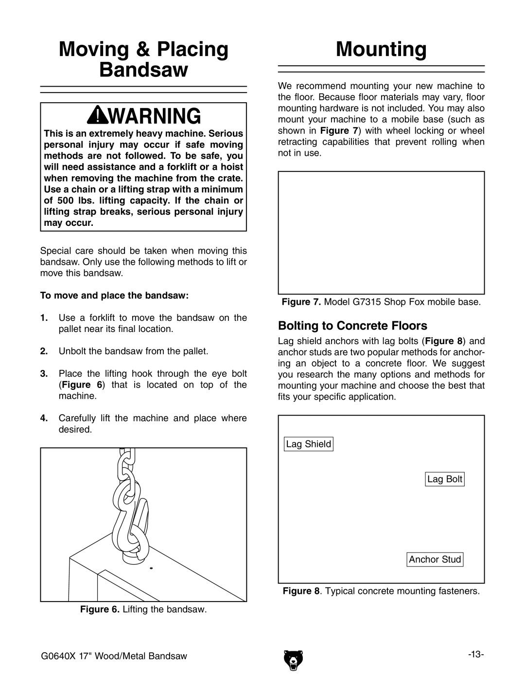 Grizzly G0640X owner manual Moving & Placing Bandsaw, Mounting, Bolting to Concrete Floors, To move and place the bandsaw 