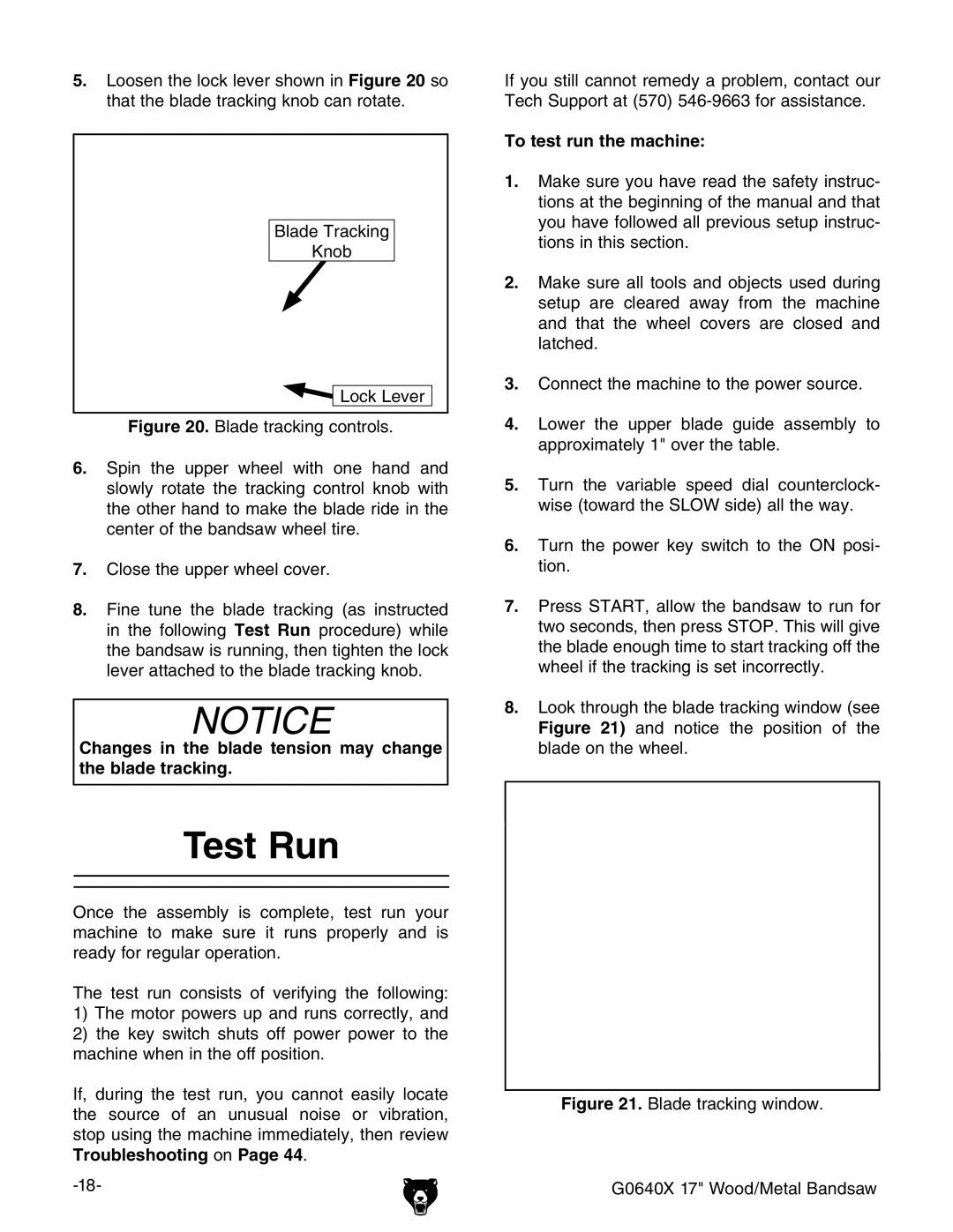 Grizzly G0640X owner manual Test Run, To test run the machine 