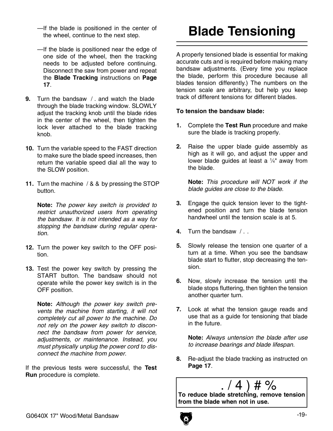 Grizzly G0640X owner manual Blade Tensioning, To tension the bandsaw blade 