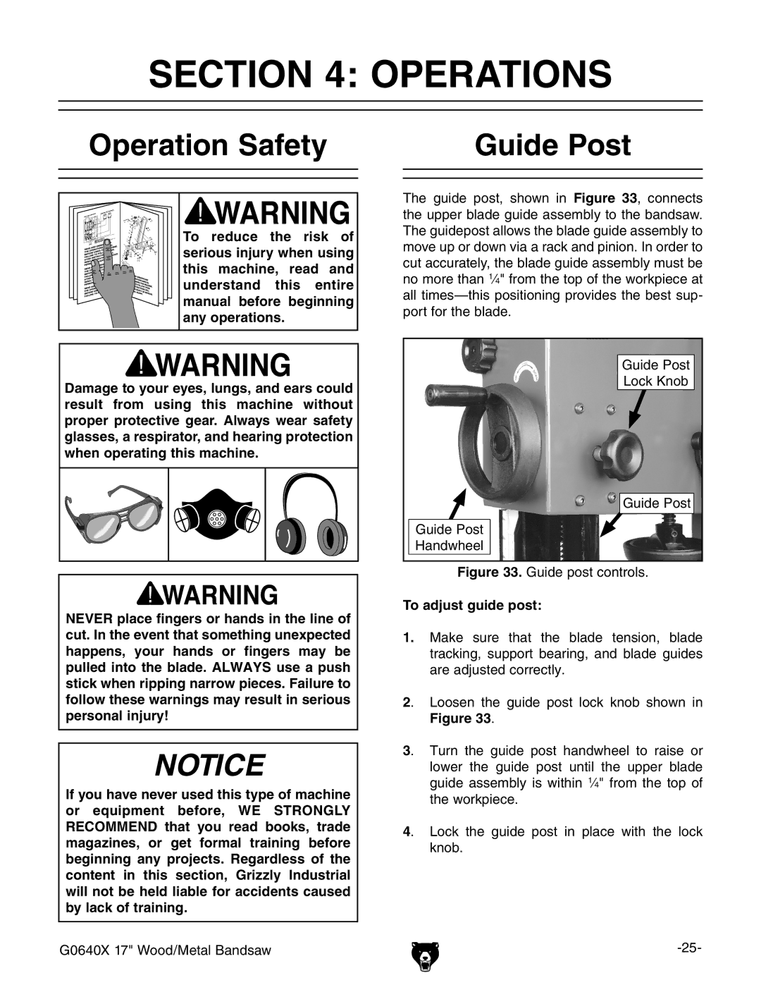 Grizzly G0640X owner manual Operations, Operation Safety, Guide Post, To adjust guide post 