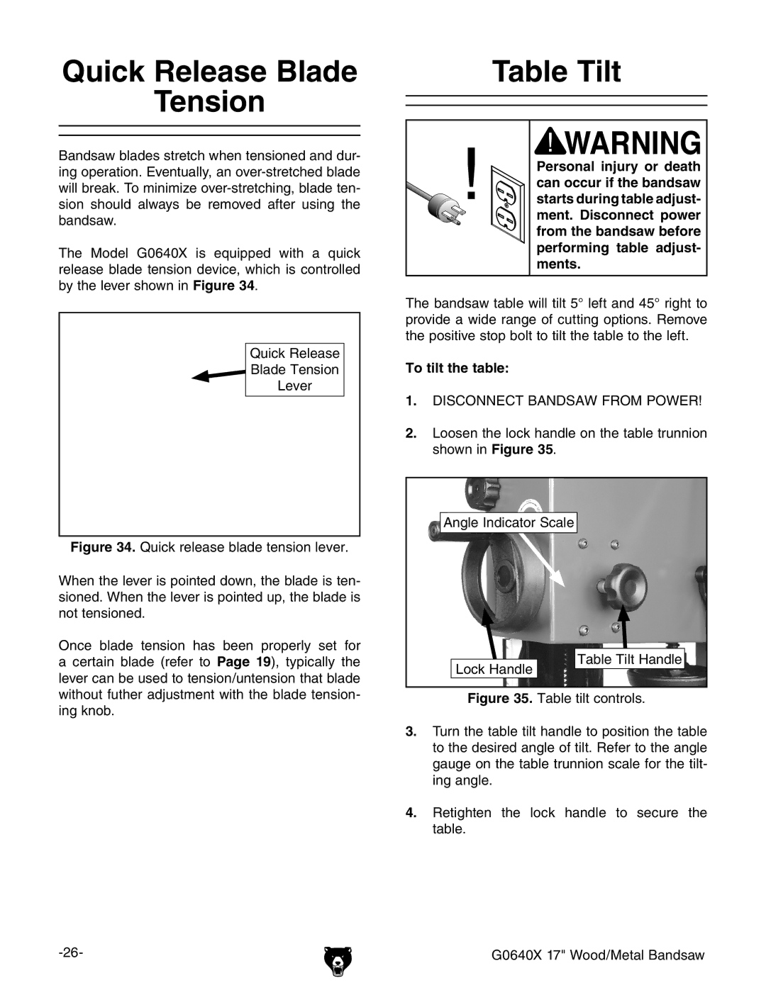 Grizzly G0640X owner manual Quick Release Blade Tension, Table Tilt, To tilt the table 